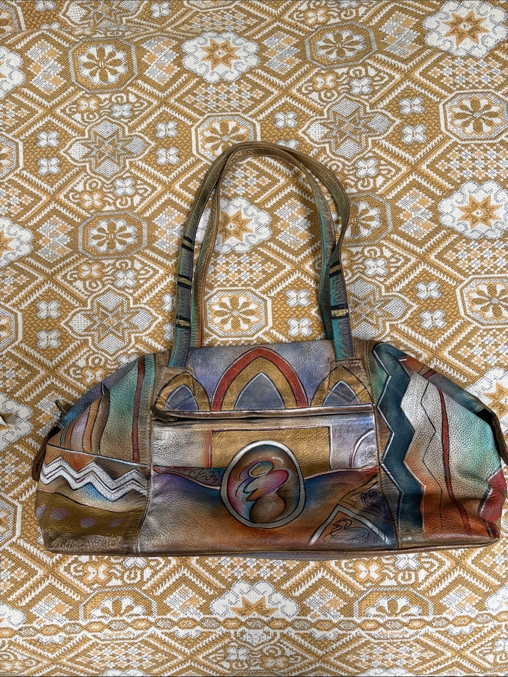 Anuschka Multicolor Painted Leather Shoulder Bag — Artistic Geo Motif